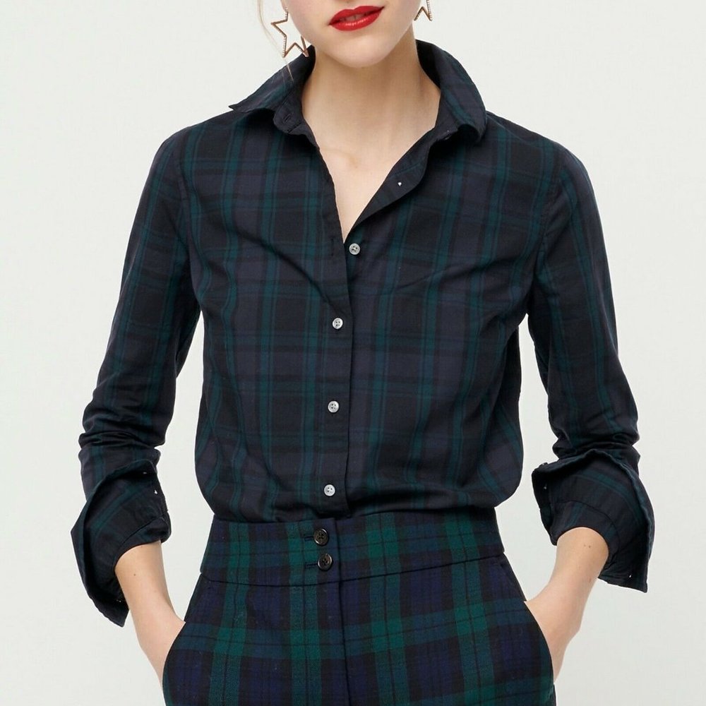 BNWT - J.Crew Slim Stretch Perfect Shirt, Black Watch Tartan, Sz. 8